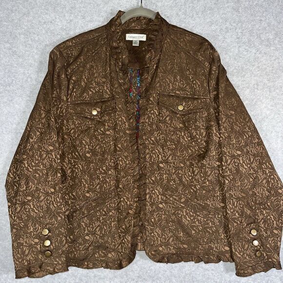Coldwater Creek Jacket‎ Women's Brown Embossed Open Front Ruffles Damask Boho 1X - Picture 1 of 7